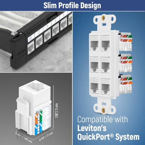 90 Degree Angled Cat6 Keystone Jacks 50 Pack In White With Slim Profile RJ45 Connectors, Leviton Compatible