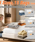 Ultimate 15 Pack Vacuum Storage Bags With Cordless Pump For Travel Space Saver Compression Bags and size guide.