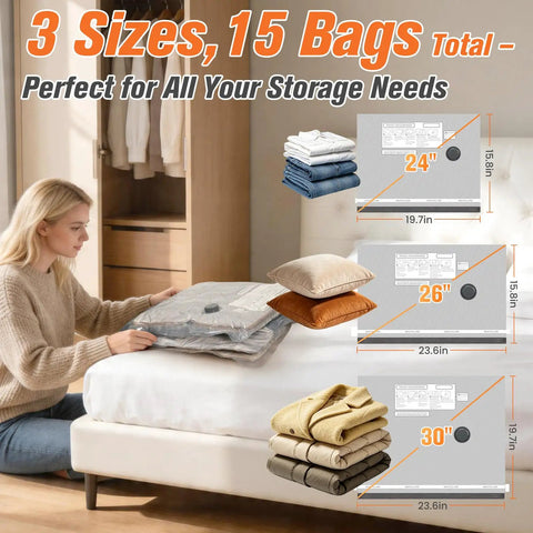 Ultimate 15 Pack Vacuum Storage Bags With Cordless Pump For Travel Space Saver Compression Bags and size guide.