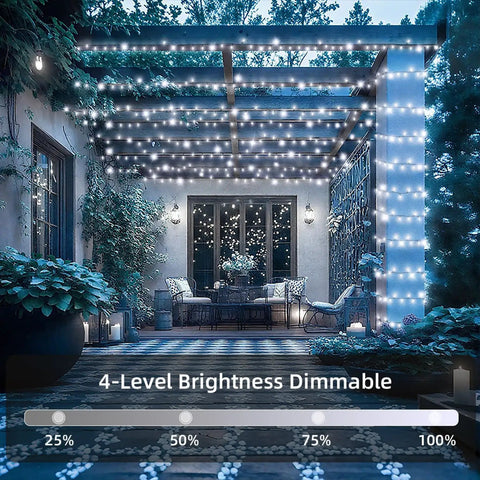 Ultra Long 403 Ft 1000 LED Outdoor Christmas Lights 8 Modes Waterproof Plug In with Timer illuminating a patio