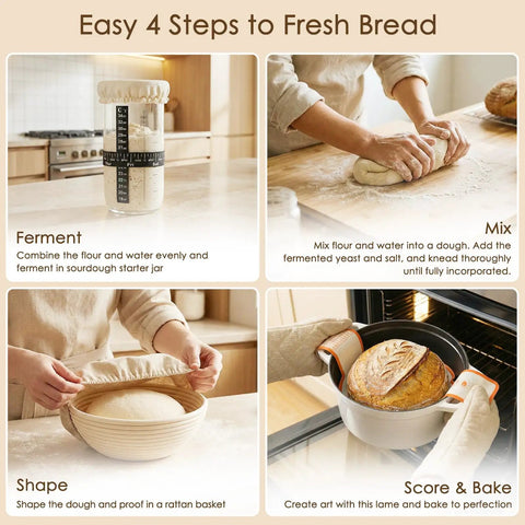 Step-by-step guide from Beginner Friendly Sourdough Starter Kit With Round And Oval Banneton Baskets, 13 Piece Bread Making Tools Set.