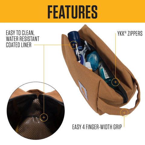Features of Durable Travel Kit For Real Life Use, Water Resistant Toiletry Bag In Black with open top view showcasing toiletries inside.