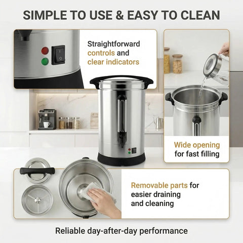Heavy Duty 120 Cup Coffee Urn With 18 Liter Stainless Steel Construction Electric Hot Beverage Dispenser in kitchen setup