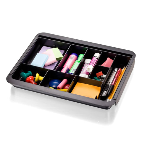 Slick Expandable Drawer Organizer Tray With Adjustable Width And Removable Dividers For Hustle Ready Desk Organization In Smooth Recycled Black Plastic Finish, filled with office supplies and tools.