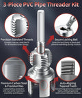 3-piece PVC pipe threader kit with focus on precision threads and secure locking, for leak-free fittings and durability.