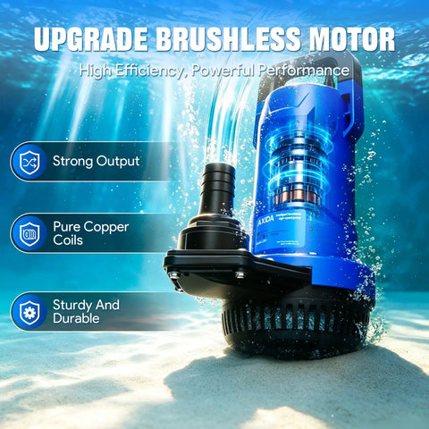 Heavy Hitter Cordless Submersible Utility Pump With 1Hp Brushless Motor Shifts 2113Gph Swiftly, blue pump under water.