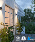 LED Cylinder Up Down Outdoor Wall Light Dope Energy Saving 24W 120V Aluminum Modern Sconce ETL Listed CRI90 3000K Warm White Front Door Porch Lighting Pack of 4 installed on a rainy porch with plants.