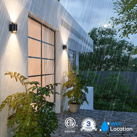 LED Cylinder Up Down Outdoor Wall Light Dope Energy Saving 24W 120V Aluminum Modern Sconce ETL Listed CRI90 3000K Warm White Front Door Porch Lighting Pack of 4 installed on a rainy porch with plants.