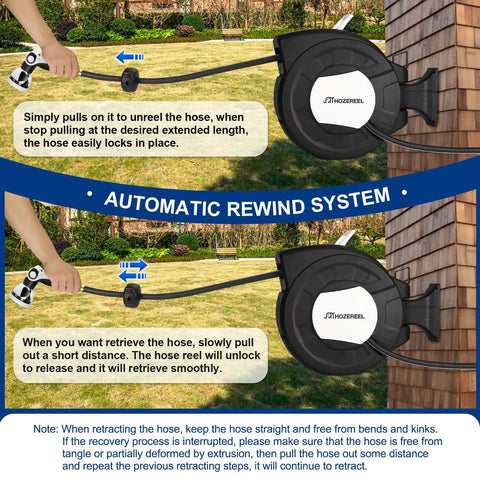 Illustration of 100 Ft 1/2 Inch Retractable Garden Hose Reel With Auto Rewind, Wall Mount Enclosed Storage, hose on wall