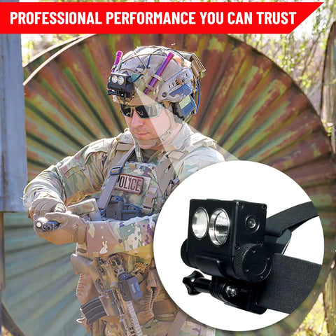 Tactical helmet with HL-10 Explorer Rechargeable LED Headlamp With 2500 Lumens, adjustable beam, shown in outdoor setting.