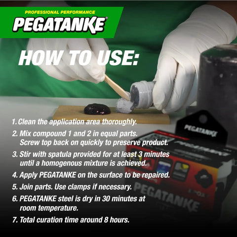 Instructions for using Steel Two Part Epoxy Resin For Cold Weld Repairs, showing mixing and application on packaging.