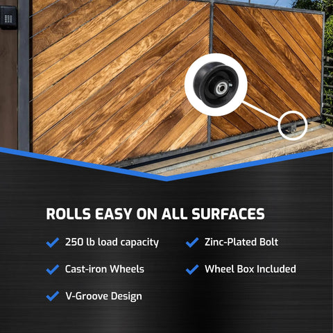 Cast-iron V-groove gate wheels with wheel box; four 4x1.5 in wheels mounted on a wooden gate.