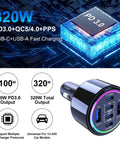 Heavy Hitter 320W USB Type C Car Charger Six Port PD Fast Charge Adapter showing 320W output ports and stylish design.