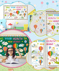 Hot Air Balloon Healthy Bulletin Board Set For Classroom Decor With Colorful Cutouts And Borders 73 Piece Kit on display in classroom