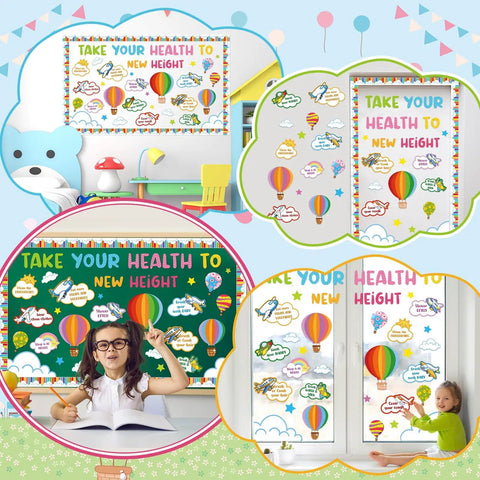 Hot Air Balloon Healthy Bulletin Board Set For Classroom Decor With Colorful Cutouts And Borders 73 Piece Kit on display in classroom