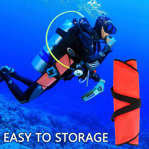 Diver with Big Neon High Visibility 50 Lb Lift Bag For Scuba Diving With Over Pressure Valve, folded for easy storage