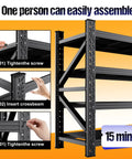 Heavy Duty Metal Garage Shelving Unit With Fully Adjustable Shelves shown being easily assembled in 15 minutes.