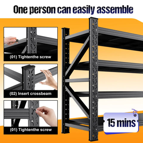 Built Tough Heavy Duty Garage Shelving Unit With Adjustable Steel Tiers Holding Up To Five Thousand Pounds Per Shelf Without Breaking A Sweat For Serious Tool Storage And Workshop Organization assembly instructions with steel structure and tools.