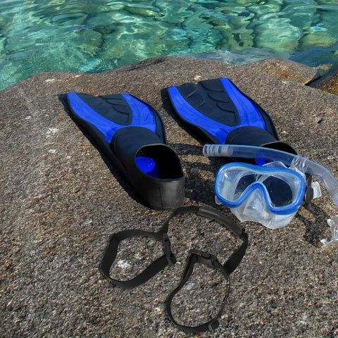 Diving fins, mask, and Beefy Scuba Tank Strap And Cylinder Band Carrier For Easy Gas Cylinder Transport on rocky shore by water
