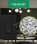 Smart Dimmer Switch Black With Trailing Edge Tech For LED Bulbs showing fire-rated material detail in modern living room setup