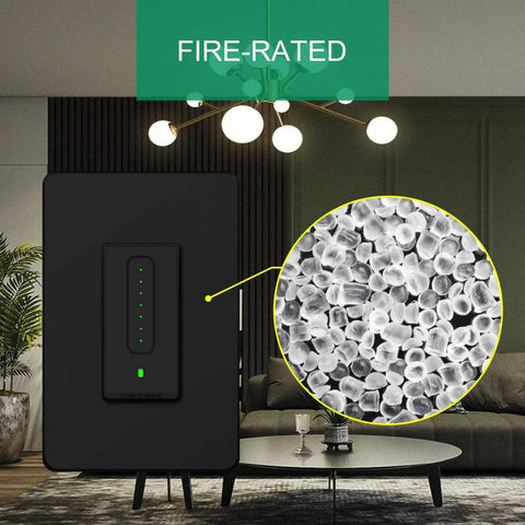 Smart Dimmer Switch Black With Trailing Edge Tech For LED Bulbs showing fire-rated material detail in modern living room setup