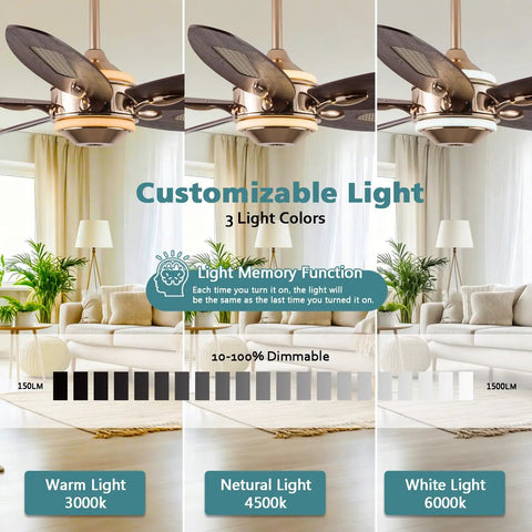 52" Plywood Modern Ceiling Fan with Light and Remote for Living Room Golden showcasing dimmable LED lights in three color settings.