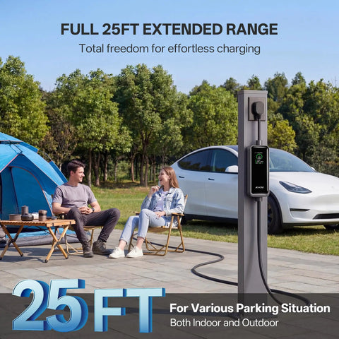 Level 2 EV Charger With 40A NACS, 25Ft Extension Cord, WiFi Smart App, 240V NEMA 14 50 Plug, Works With All Tesla Models S X 3 Y outdoors