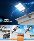 IP66 Waterproof Solar Street Lights with Motion Sensor and Remote, 6500K installed on a building, showing waterproof capability.