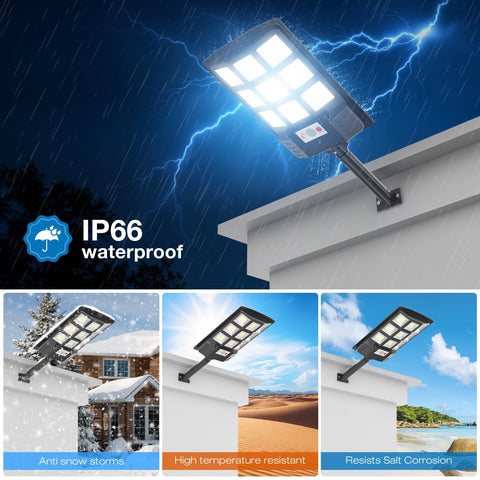 IP66 Waterproof Solar Street Lights with Motion Sensor and Remote, 6500K installed on a building, showing waterproof capability.