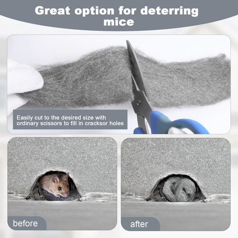 Steel Wool Mice Blocker Kit With 20 Ft Stainless Steel Wool Fill Roll for Gap Sealing shown with cutting scissors and hole patch results