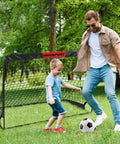 Two 4x3 Ft Portable Pop Up Soccer Goals Backyard Training Set With Ball Pump Cones Ground Nails And Carry Bag For Kid Friendly Outdoor Play And Youth Soccer Practice Kit shown in a backyard with a child playing soccer.