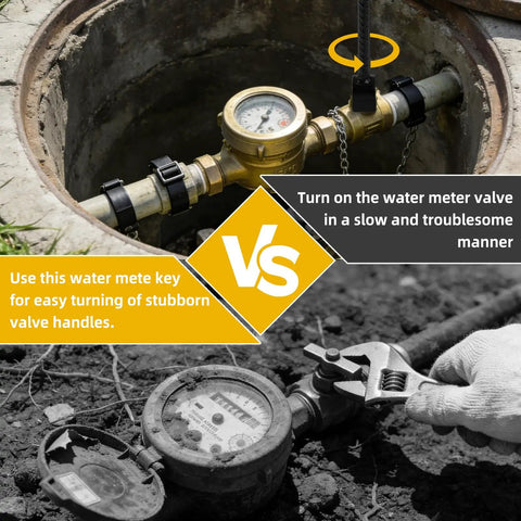 17 Inch Water Meter Key 4 Way Utility Tool With Three Quarter Inch Opening Premium Solid Steel Long Reach Shut Off Key For Deep Buried Valves Mains Easy Turn And Maintenance, water meter valve use