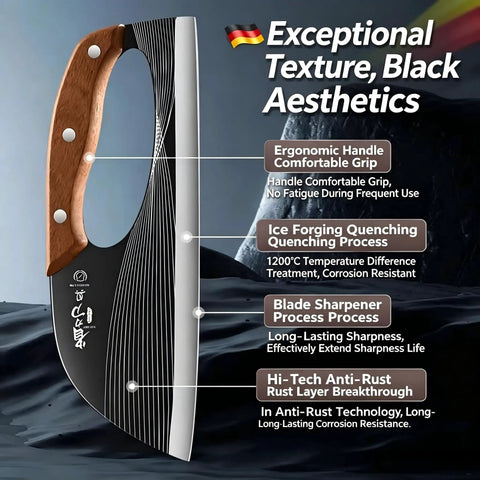 Close-up of Two Piece Meat Cleaver Knife Set for Cutting Meat and Vegetables highlighting ergonomic wood handle and stainless blade.