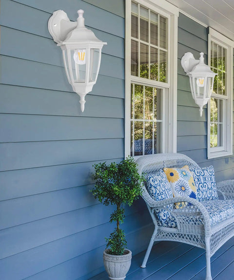 Outdoor Wall Lantern Waterproof Sconce Light Fixture For Porch Garage Patio Yard With White Wall Mount Bulb Included 120V Corded Electric Weather Resistant Durable Plastic Lens 2 Pack, mounted on blue porch