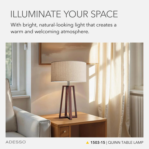 Quinn Table Lamp With Walnut Birch Wood Base And Natural Linen Shade, Modern Nightstand End Table Or Desk Light, Adjustable 3 Way Mood Lighting For Living Room Or Home Office, Chill Vibe And Warm Glow