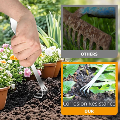 Three Prong Root Rake For Gardening Stainless Steel Easy To Use Soil Loosener Tool Set For Bonsai And Plants Durable Corrosion Resistant Rake Great For Roots And Soil Aeration For Plant Nerds used in garden with potted plants and comparison with rusty rake showing corrosion resistance.