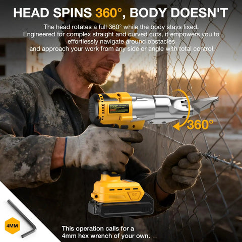 Worker using Cordless Metal Shears for 20V Max 14GA Cutter with 360 Degree Pivoting Head for quick cuts in construction.