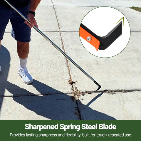 Person using Long Reach Crack Weeder With Spring Steel L Shaped Blade And Adjustable Stainless Handle 58 Inch Weeding Tool on sidewalk