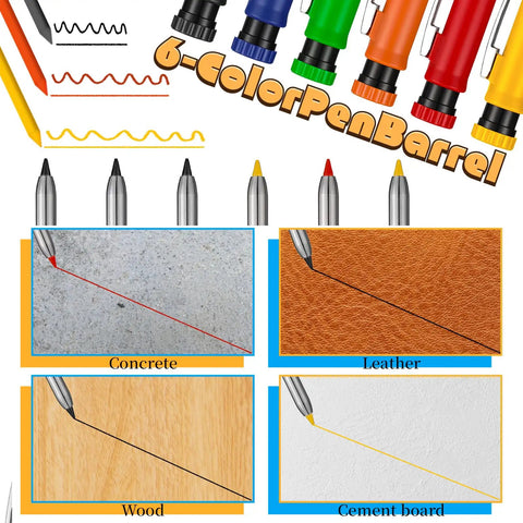 Tough As Nails Carpenter Pencil Set With Built In Sharpener And Extended Needle Nose Tip For Hard To Reach Spots And Deep Hole Making 6 Pack showing different colors marking on surfaces.