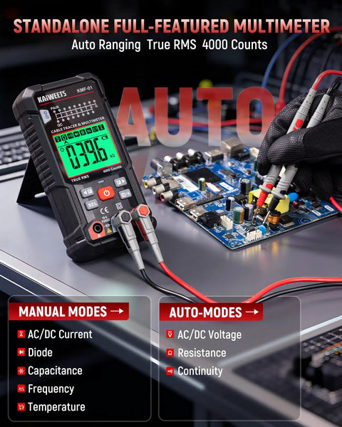 Three In One Multimeter And Cable Tracer Kit with digital display, testing circuit board, and manual auto modes visible