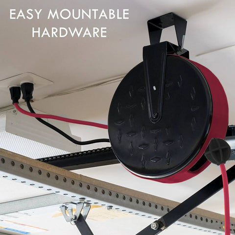 30 Foot Retractable Extension Cord Reel With Breaker Switch And Three Outlets 16 3 SJTW Yellow Cable Ceiling Mount