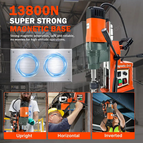 Heavy Duty 1800W Magnetic Drill Press With 2 Inch Boring Diameter Delivers Massive 3102Lbf Pull Force For Industrial Metalworking And Home Improvement Projects Featuring High Speed 760 RPM Electric Drilling Machine showcasing magnetic base and operational angles.