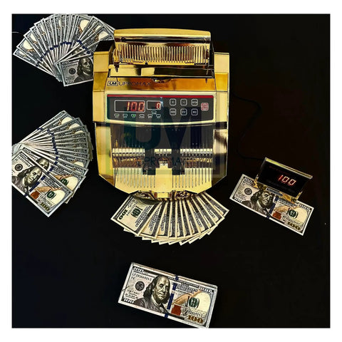 Gold Money Counter With UV MG IR Counterfeit Detection And External LED Display Portable Cash Counter, shown counting bills