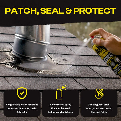 Liquid Sealant Spray For Instant Leak Fix On Pipes, Roofs, And More Dries Black Finish Quick Set Weatherproof Sealant in use on roof