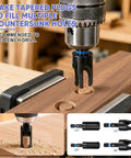 Heavy Lifting Countersink Drill Bit Set, Knockout 22 Pc Pro Grade Woodworking Kit using tapered plug cutter on wood.