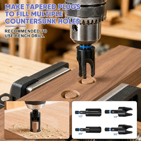 Heavy Lifting Countersink Drill Bit Set, Knockout 22 Pc Pro Grade Woodworking Kit using tapered plug cutter on wood.