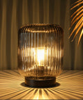 Cordless Glass Table Lamp For Home Decor Dope Look Battery Powered Nightlight With LED Bulb Portable Accent Light, ribbed glass design.