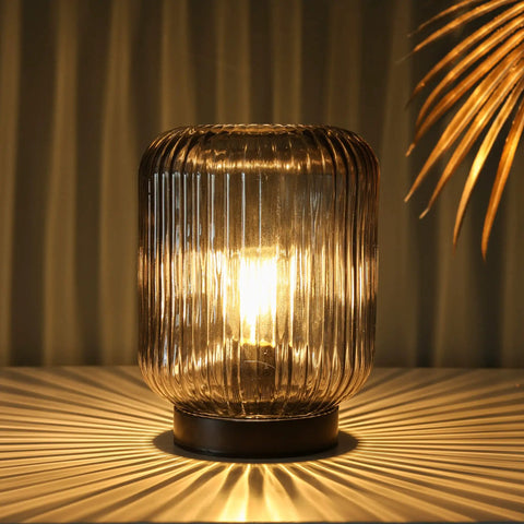Cordless Glass Table Lamp For Home Decor Dope Look Battery Powered Nightlight With LED Bulb Portable Accent Light, ribbed glass design.