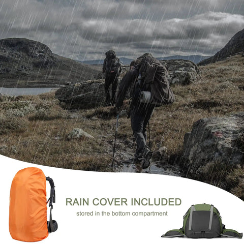 Hikers using Waterproof 50L Hiking Backpack With Rain Cover Lightweight 45 Plus 5 Liter Daypack in rainy terrain