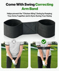 Golf swing correcting arm band with diagram showing proper and improper swing positions.